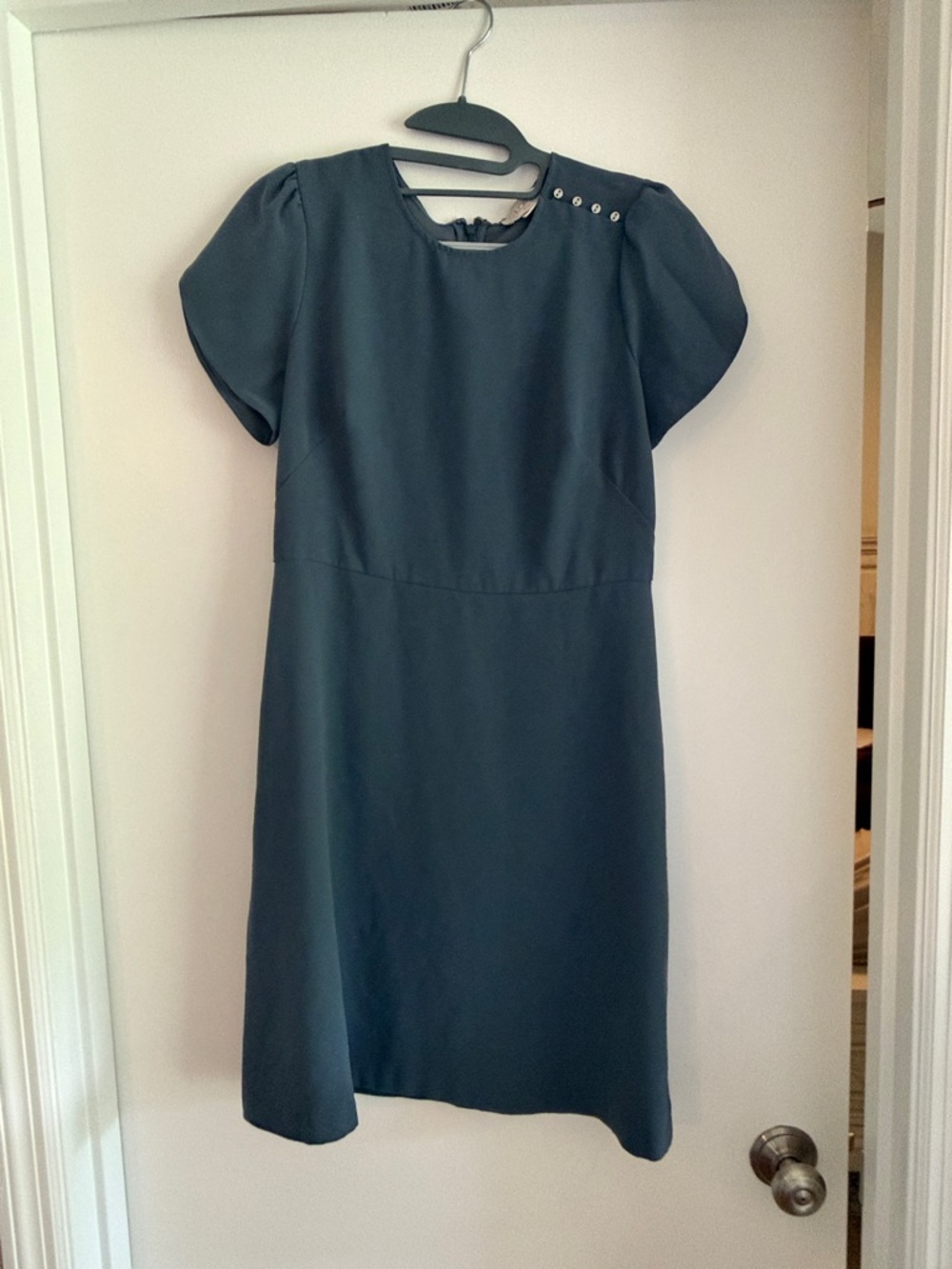 LOFT Teal Puff-Sleeve Midi Dress with Shoulder Buttons